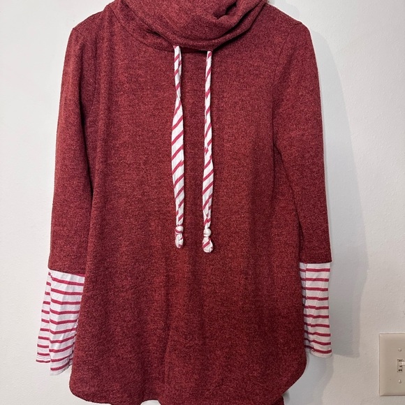 My Story Sweaters - My Story Red Cowl Neck Sweater with Striped Sleeves